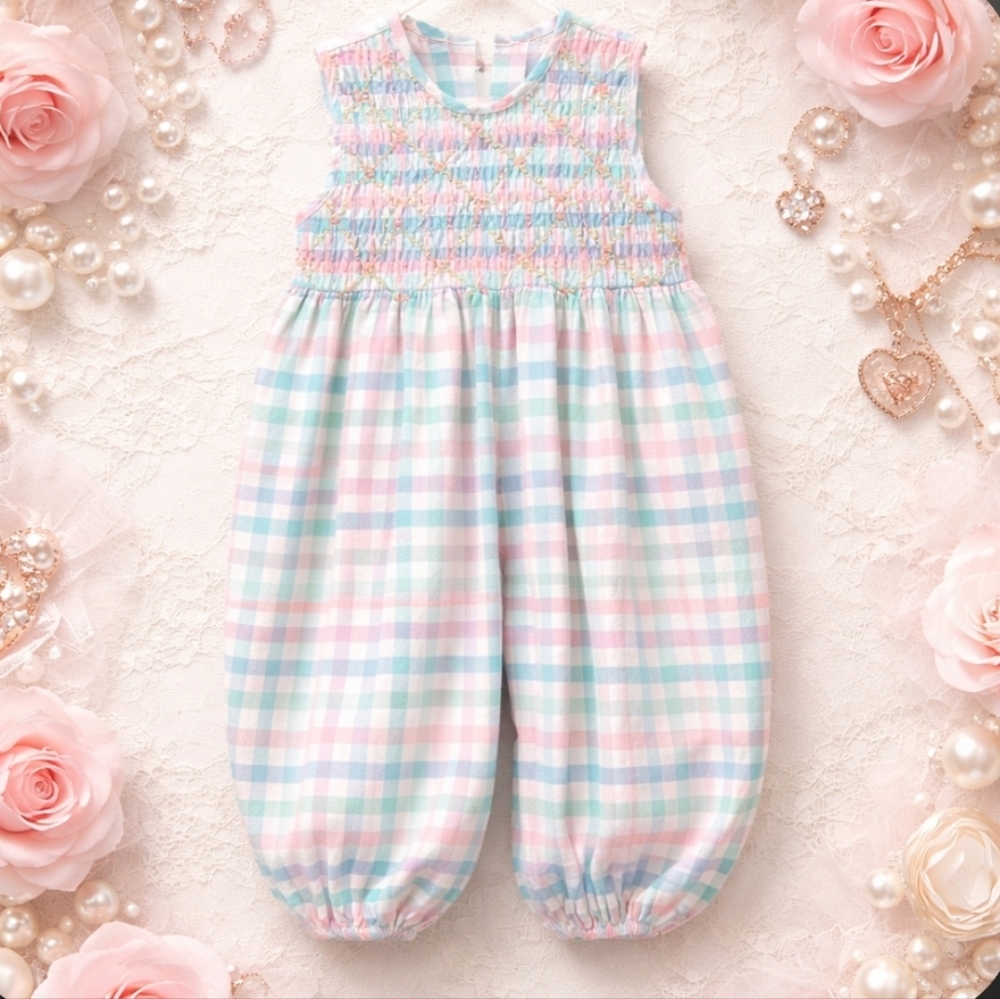 Royal Child Smocked Embroidered Sleeveless Romper Pants Sz 18m-24m